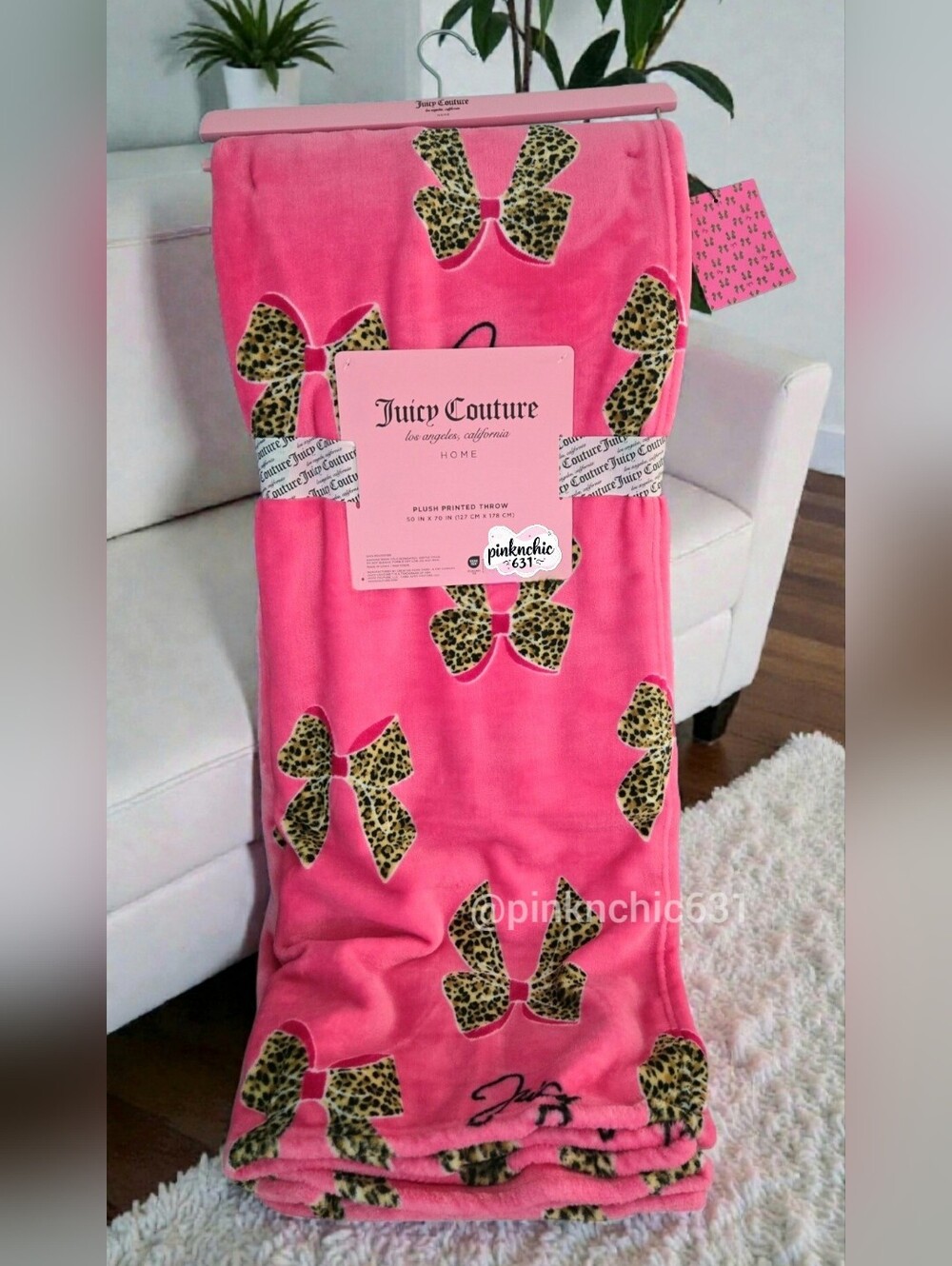Juicy Couture Hot Pink Leopard Cheetah Print Coquette Bow Plush Throw Blanket